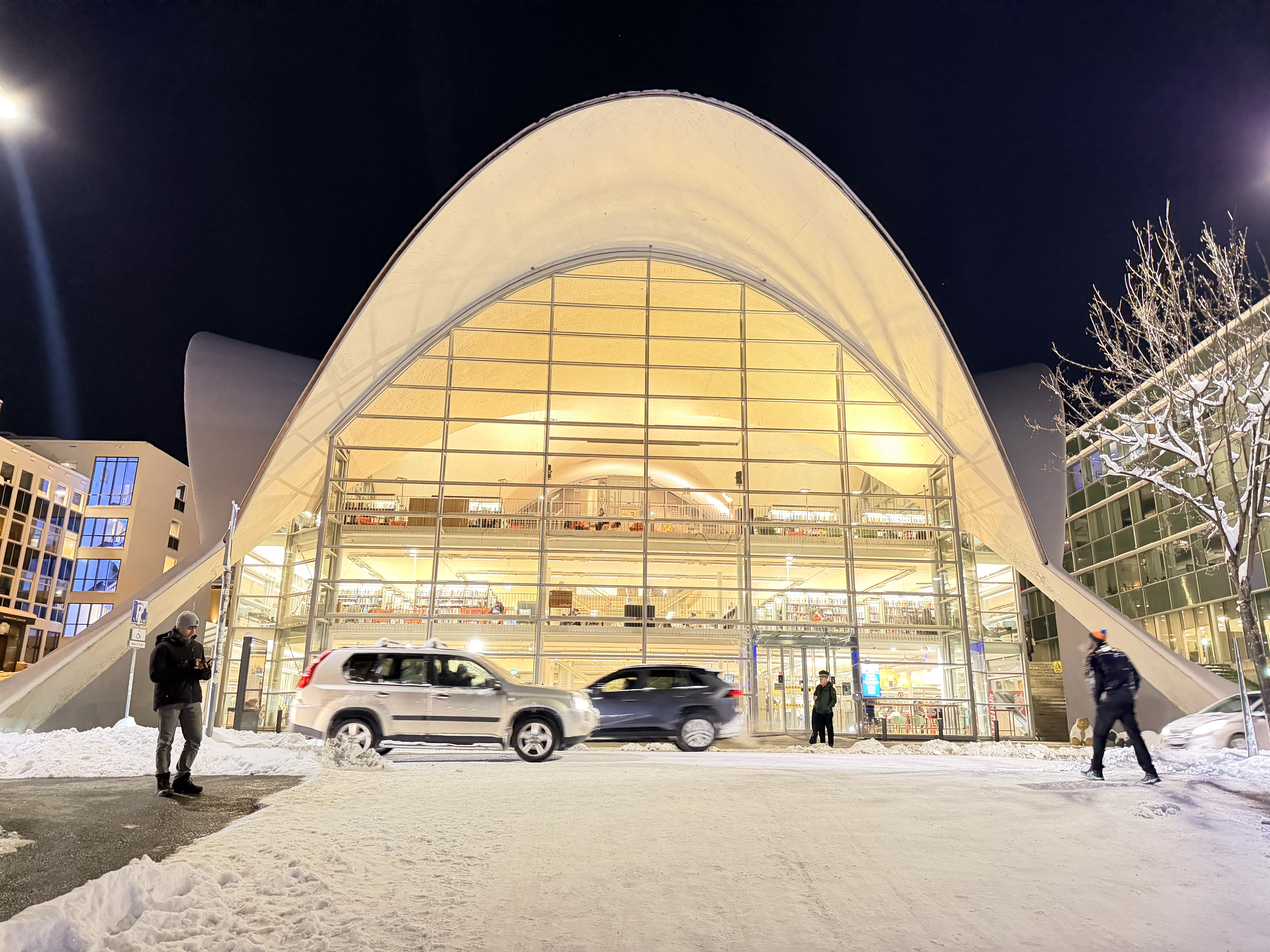 Tromsø Public Library at night in snow