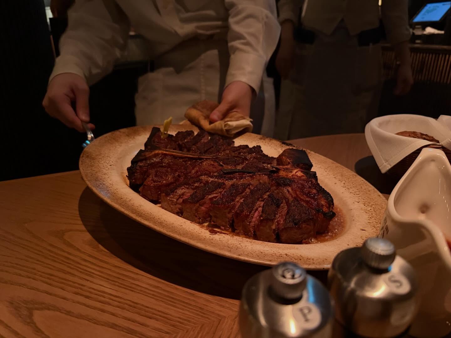 Sliced steak with crust and pink center